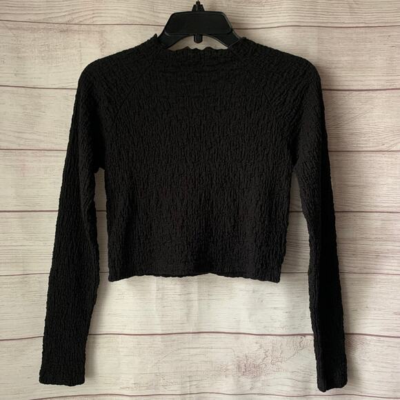 Future Collective Black Crop Top Blouse Long Sleeve Textured Mock Neck XXS - Picture 1 of 12
